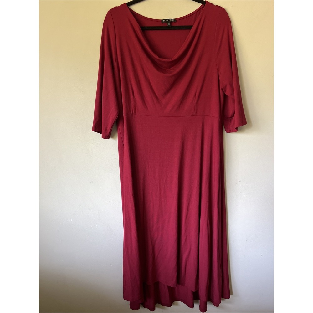Eileen Fisher Draped Neck Jersey Midi Dress Red L A-line 3/4 Sleeve Minimalist